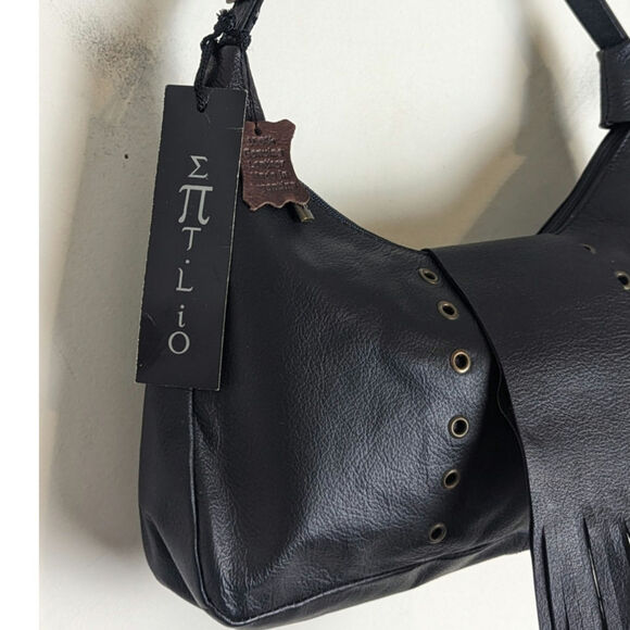 Y2K Revival Vibes NWT 100% Leather Shoulder Bag Grommets Fringe - Picture 2 of 9